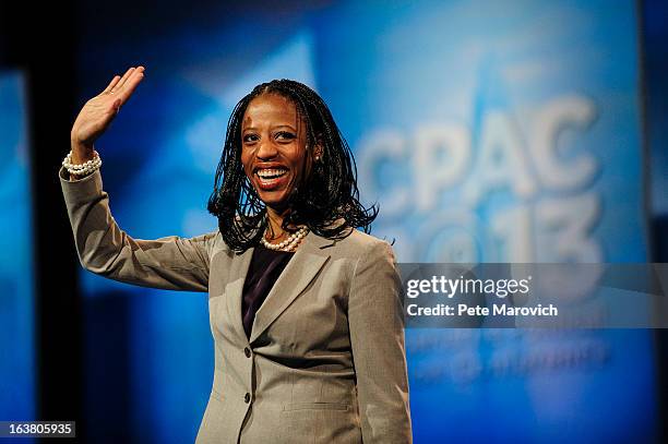 Mia Love, Republican Mayor of Saratoga Springs, Utah, waves at the 2013 Conservative Political Action Conference March 16, 2013 in National Harbor,...