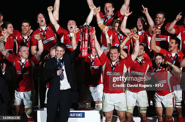 Ryan Jones and Gethin Jenkins of Wales lift the trophy after the RBS Six Nations match between Wales and England at Millennium Stadium on March 16,...