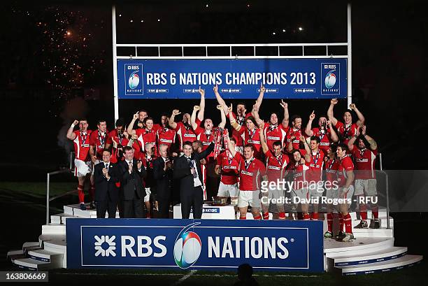 Ryan Jones and Gethin Jenkins of Wales lift the trophy after the RBS Six Nations match between Wales and England at Millennium Stadium on March 16,...