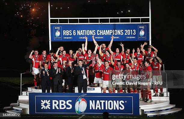 Ryan Jones and Gethin Jenkins of Wales lift the trophy after the RBS Six Nations match between Wales and England at Millennium Stadium on March 16,...