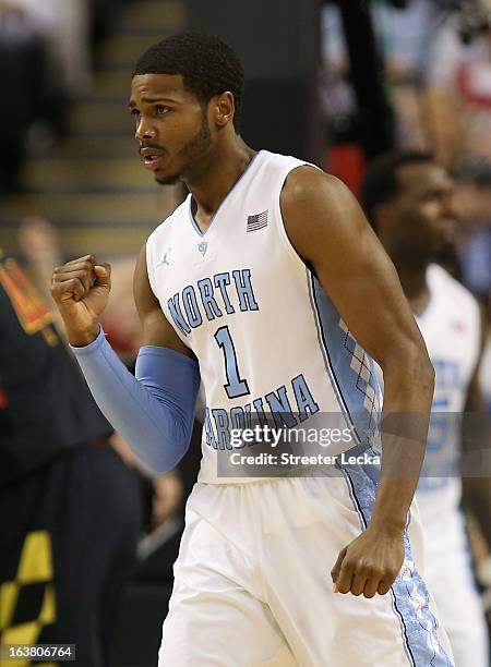 Dexter Strickland of the North Carolina Tar Heels reacts in the first half while taking on the Maryland Terrapins during the men's ACC Tournament...