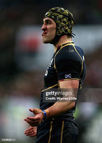 Scottish Captain, Kelly Brown encourages his team during the RBS Six Nations match between France and Scotland at Stade de France on March 16, 2013...