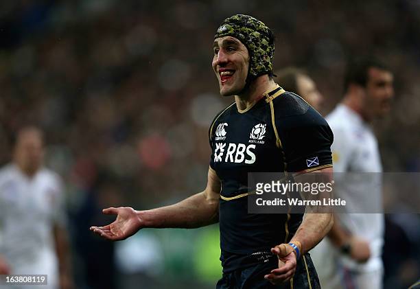 Scottish Captain, Kelly Brown encourages his team during the RBS Six Nations match between France and Scotland at Stade de France on March 16, 2013...