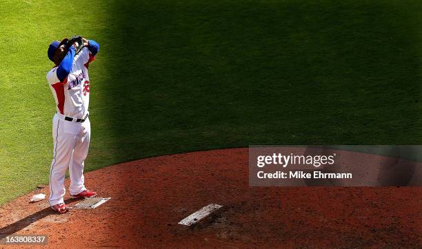 Fernando Rodney of the Dominican Republic pitches during a World Baseball Classic second round game against Puerto Rico at Marlins Park on March 16,...