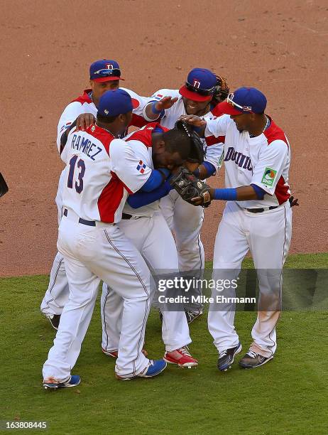 Fernando Rodney of the Dominican Republic celebrates after winning a World Baseball Classic second round game against Puerto Rico at Marlins Park on...