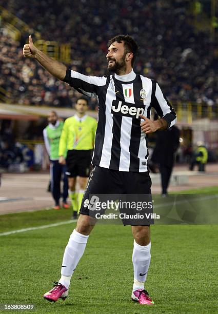 Mirko Vucinic of Juventus FC celebrates scoring the first goal during the Serie A match between Bologna FC and Juventus FC at Stadio Renato Dall'Ara...