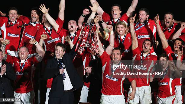 Ryan Jones and Gethin Jenkins of Wales lift the trophy after the RBS Six Nations match between Wales and England at Millennium Stadium on March 16,...