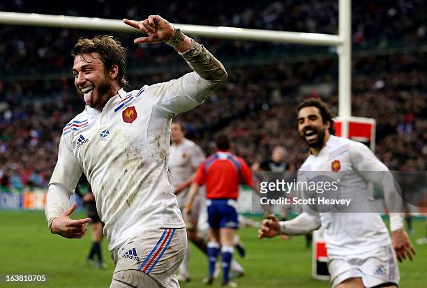 Maxime Medard of France celebrates after soring a try during the RBS Six Nations match between France and Scotland at Stade de France on March 16,...