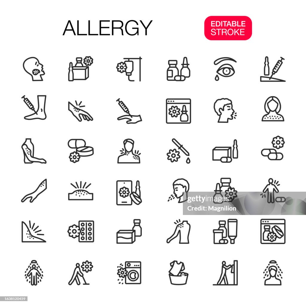 Conjunto de ícones de linha de alergia, traçado editável