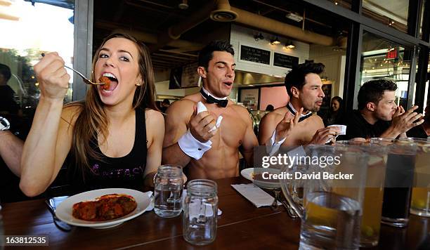 Mariah of the production show "Fantasy" and Chippendales dancers Jon Howes, Juan DeAngelo and actor Mark Shunock appear at the meatball eating...