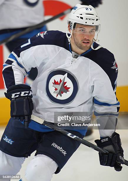 Eric Tangradi of the Winnipeg Jets skates in the warm-up prior to a game against the Toronto Maple Leafs on March 16, 2013 at the Air Canada Centre...