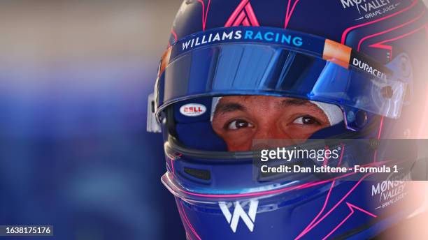 Alexander Albon of Thailand and Williams prepares to drive in the garage during practice ahead of the F1 Grand Prix of The Netherlands at Circuit...