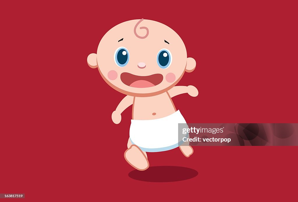 Cartoon Baby In Diaper Walking On Red Background High-Res Vector Graphic -  Getty Images