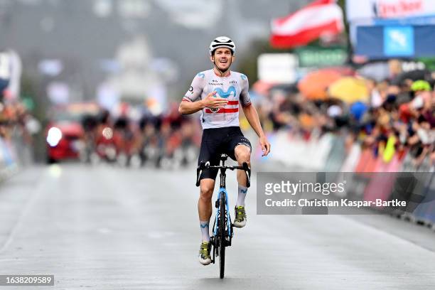 Gregor Mühlberger of Austria and Movistar Team celebrates at finish line as stage winner during the 38th Deutschland Tour 2023, Stage 2 a 201.3km...