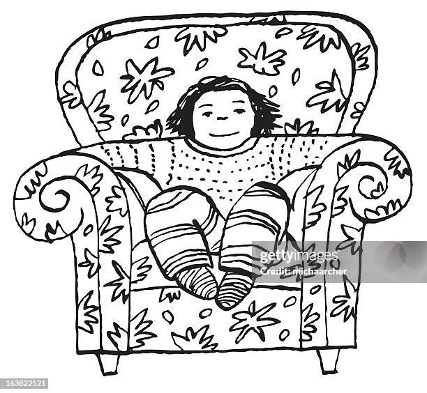 child in cozy chair - cross legged stock illustrations