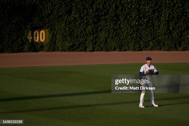 Cody Bellinger of the Chicago Cubs plays center field in a game against the Washington Nationals at Wrigley Field on July 18, 2023 in Chicago,...