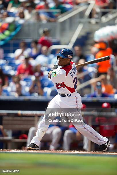 Robinson Cano of Team Dominican Republic bats during Pool 2, Game 6 against Team Puerto Rico in the second round of the 2013 World Baseball Classic...