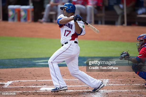 Nelson Cruz of Team Dominican Republic bats during Pool 2, Game 6 against Team Puerto Rico in the second round of the 2013 World Baseball Classic on...