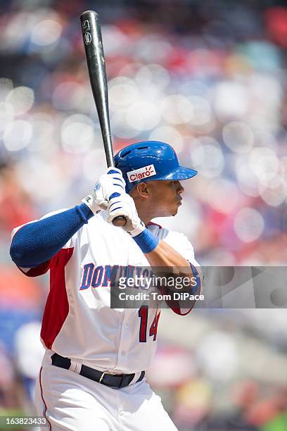 Moises Sierra of Team Dominican Republic bats during Pool 2, Game 6 against Team Puerto Rico in the second round of the 2013 World Baseball Classic...