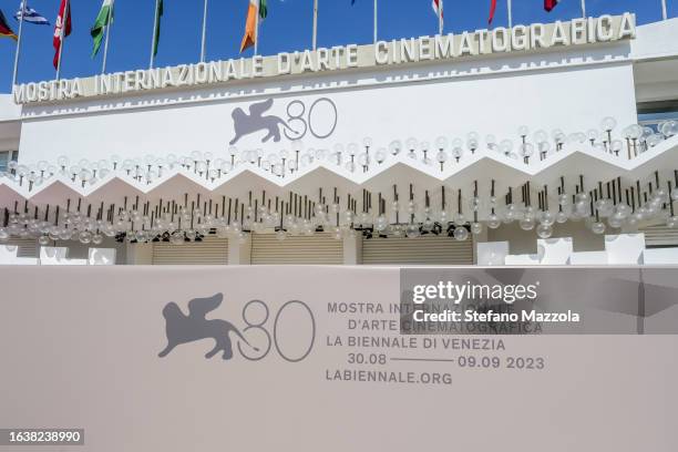 An event banner is displayed outside the "Palazzo del Cinema" ahead of the 80th Venice International Film Festival 2023 on August 25, 2023 in Venice,...