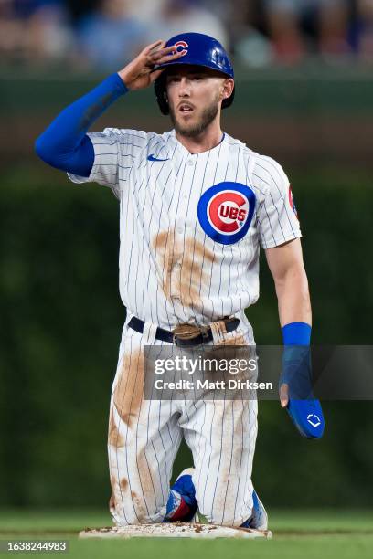 Miles Mastrobouni of the Chicago Cubs looks on from second base in a game against the Washington Nationals at Wrigley Field on July 19, 2023 in...