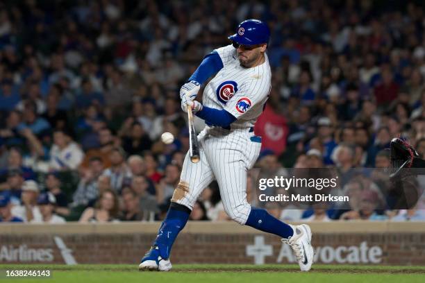 Mike Tauchman of the Chicago Cubs collects a hit in a game against the Washington Nationals at Wrigley Field on July 19, 2023 in Chicago, Illinois.