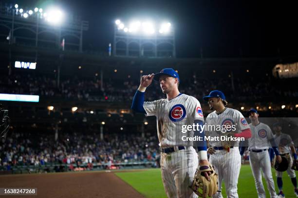 Nico Hoerner of the Chicago Cubs celebrates a win in a game against the Washington Nationals at Wrigley Field on July 19, 2023 in Chicago, Illinois.