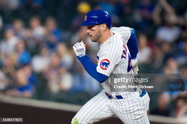 Mike Tauchman of the Chicago Cubs runs in a game against the Washington Nationals at Wrigley Field on July 19, 2023 in Chicago, Illinois.