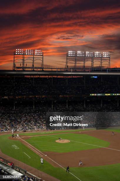 General view at sunset of a game between the Chicago Cubs and the Washington Nationals at Wrigley Field on July 19, 2023 in Chicago, Illinois.