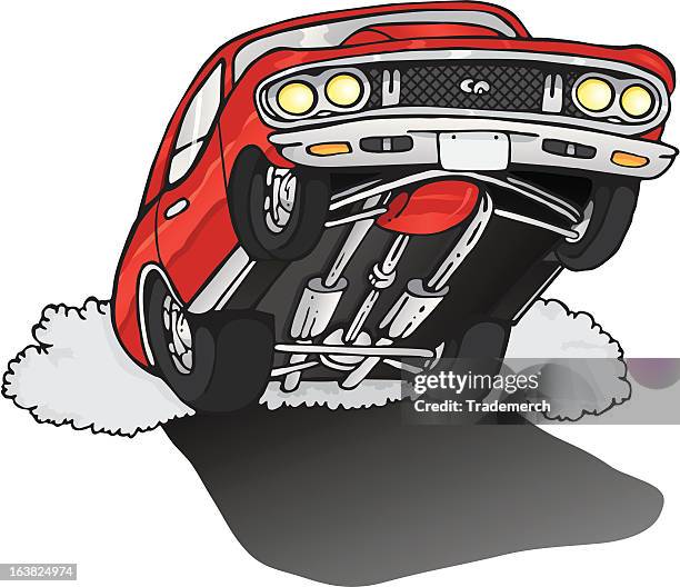 illustrazioni stock, clip art, cartoni animati e icone di tendenza di trascini macchina fare un'impennata durante una gara - drag car