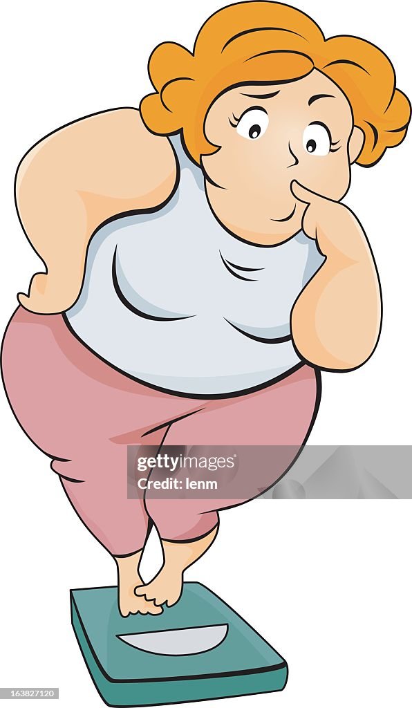 Cartoon Woman On Scales Checking Weight High-Res Vector Graphic - Getty  Images