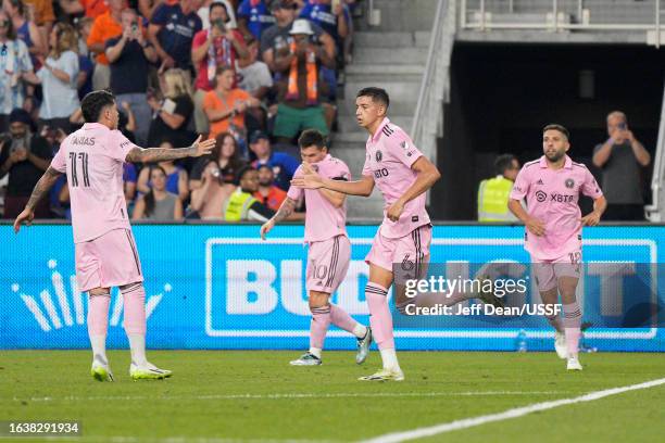 Facundo Farias celebrates with Tomas Aviles after a Leonardo Campana of Inter Miami goal in the second half of a U.S. Open Cup semifinal match...