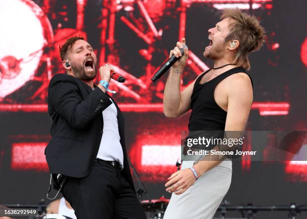 Josh Franceschi of You Me At Six performs live on the main stage with Rou Reynolds of Enter Shikari during day one of Reading Festival 2023 at...