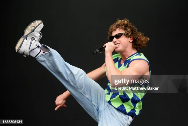 Rob Damiani of Don Broco performs on Day 1 of Leeds Festival 2023 at Bramham Park on August 25, 2023 in Leeds, England.