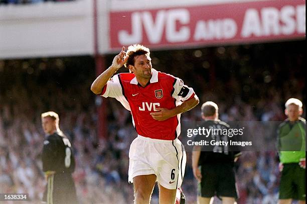 Arsenal captain Tony Adams celebrates his goal during the FA Carling Premiership match against Manchester United at Highbury in London. Arsenal won...