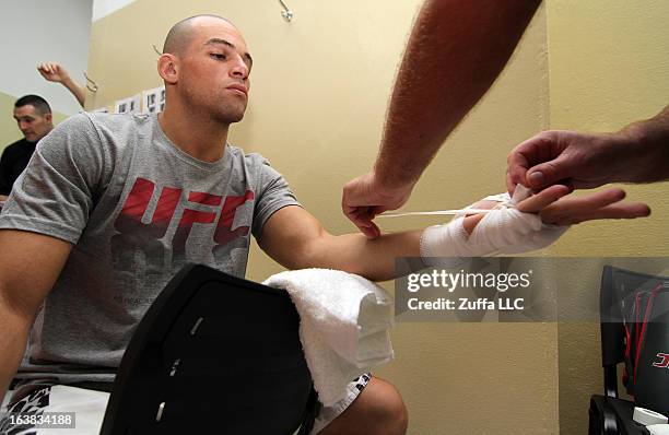 Daniel "Gelo" Oliveira has his hands wrapped before his elimination fight during filming of season two of The Ultimate Fighter Brazil on January 20,...