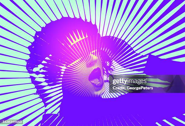 stockillustraties, clipart, cartoons en iconen met retro vector of a young woman and virtual reality simulator - digital composite