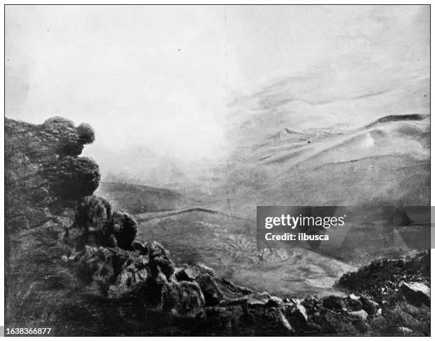 hawaii, antique photo: haleakala crater - haleakala national park hawaii crater stock illustrations