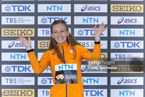 Gold medalist Femke Bol of Team Netherlands during the medal ceremony for the women's 400m hurdles during day seven of the World Athletics...
