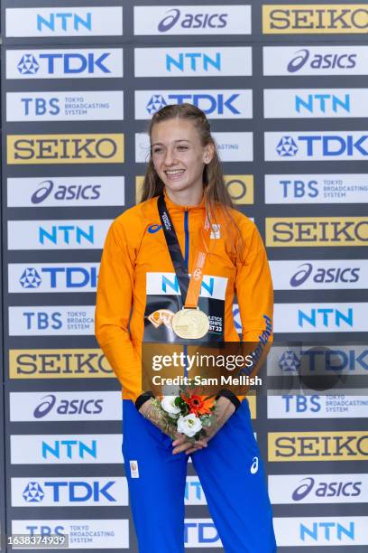 Gold medalist Femke Bol of Team Netherlands during the medal ceremony for the women's 400m hurdles during day seven of the World Athletics...