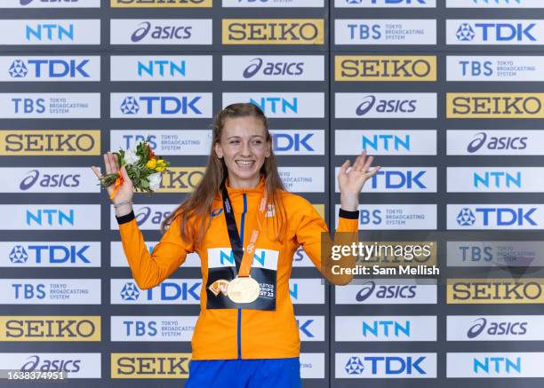 Gold medalist Femke Bol of Team Netherlands during the medal ceremony for the women's 400m hurdles during day seven of the World Athletics...