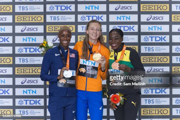 Silver medalist Shamier Little of Team United States, Gold medalist Femke Bol of Team Netherlands and Rushell Clayton of Team Jamaica pose for a...
