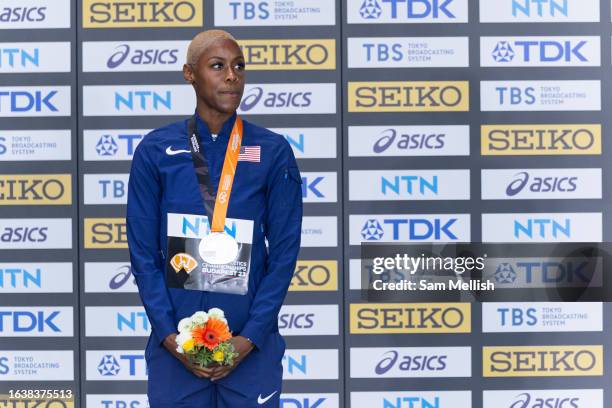 Silver medalist Shamier Little of Team United States poses for a photo during the medal ceremony for the women's 400m hurdles during day seven of the...