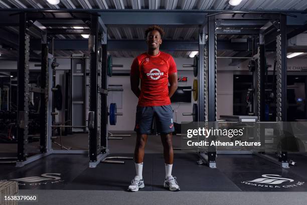 Jamal Lowe poses for a picture after signing a contract with Swansea City AFC at tFairwood Training Ground on September 01, 2023 in Swansea, Wales.