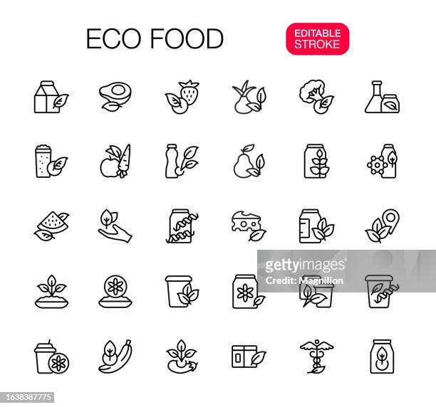 öko-lebensmittel, bio-produkte liniensymbol-set, bearbeitbarer strich - vitamin stock-grafiken, -clipart, -cartoons und -symbole