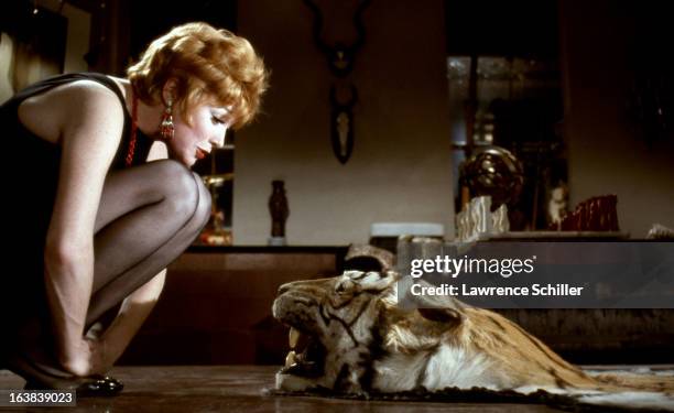 American actress Shirley MacLaine talks to a tiger skin rug in a scene from the film 'Sweet Charity' at Universal Studios, Los Angeles, California,...