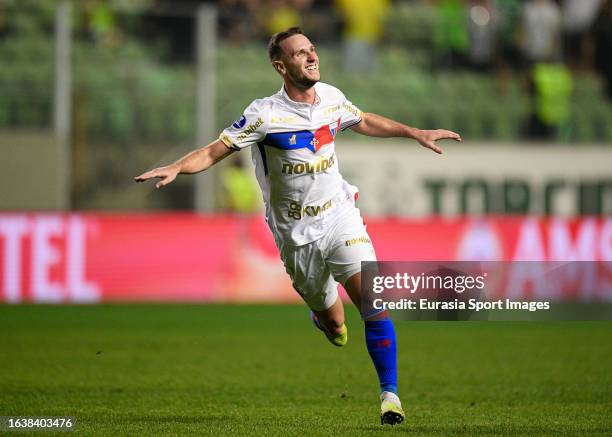 Tomas Pochettino of Fortaleza celebrates his goal during Copa CONMEBOL Sudamericana match between America and Fortaleza on August 24, 2023 in Belo...