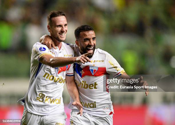 Tomas Pochettino of Fortaleza celebrates his goal with his teammate Caio Alexandre during Copa CONMEBOL Sudamericana match between America and...