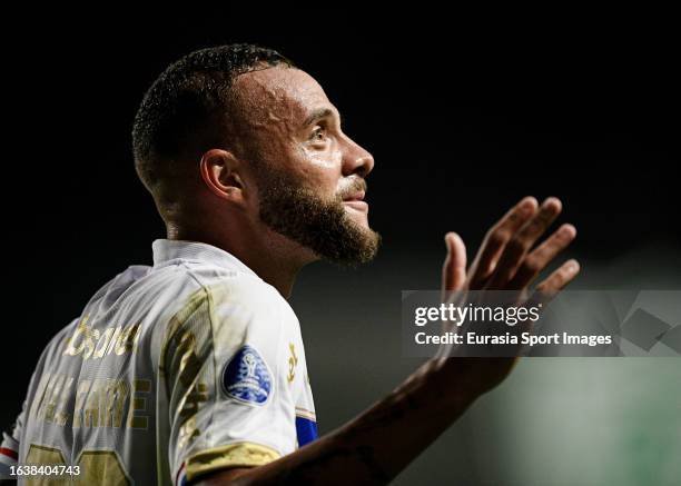 Guilherme Vieira of Fortaleza celebrates after scoring a second goal during Copa CONMEBOL Sudamericana match between America and Fortaleza on August...