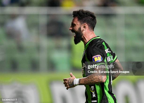 Gonzalo Mastriani of America celebrates his goal during Copa CONMEBOL Sudamericana match between America and Fortaleza on August 24, 2023 in Belo...